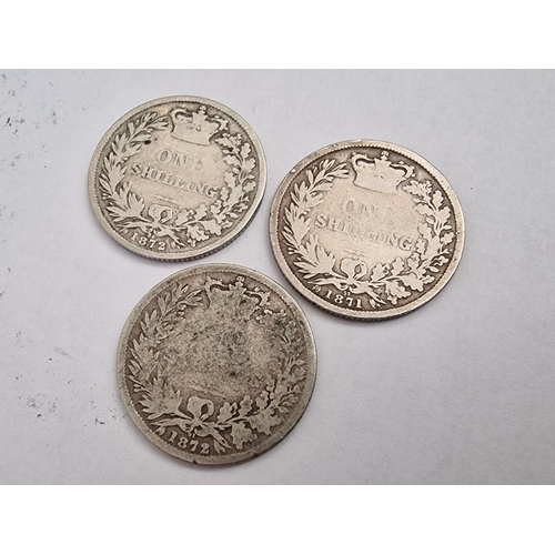 159 - 3 x Antique Silver One Shilling British Coins; 1871 and 2 x 1872 (Queen Victoria, Young Head), Sterl... 