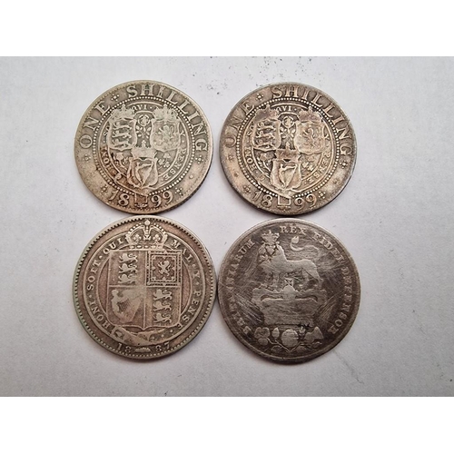 160 - 4 x Antique Silver One Shilling British Coins; 1887, 2 x 1899, (Queen Victoria) and 1825 (George IV)... 