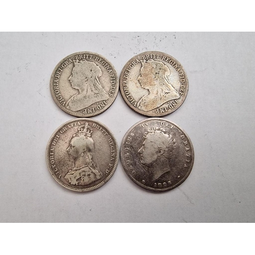 160 - 4 x Antique Silver One Shilling British Coins; 1887, 2 x 1899, (Queen Victoria) and 1825 (George IV)... 