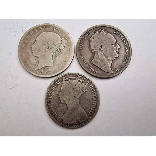 164 - 3 x Antique Silver British Coins: 1836 Half Crown (George IIII), 1878 Half Crown (Queen Victoria) an... 