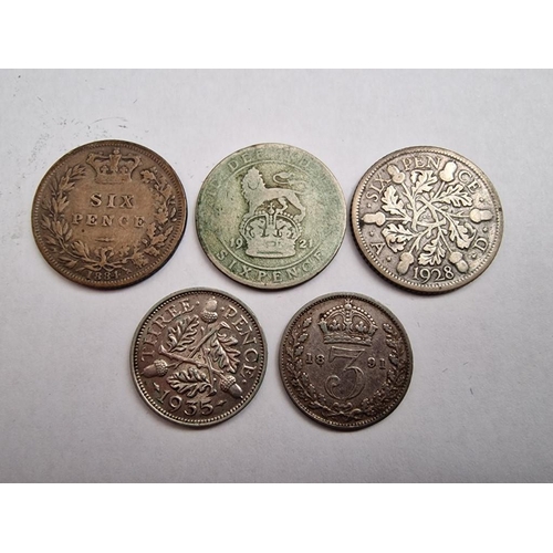 165 - Collection of Antique Silver British Coins; 3 x Six Pence (1928, 1884 and 1921) and 2 x Three Pence ... 