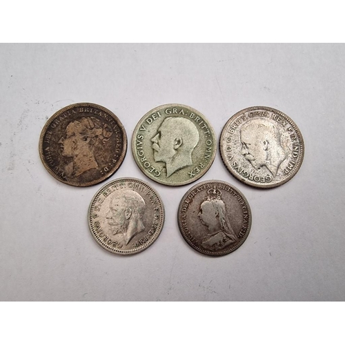 165 - Collection of Antique Silver British Coins; 3 x Six Pence (1928, 1884 and 1921) and 2 x Three Pence ... 