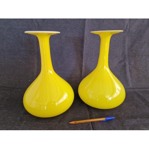 7 - Pair of 'Habitat' Bright Yellow Handmade Glass Vases with White Interior, (Approx. H: 30cm), (2)