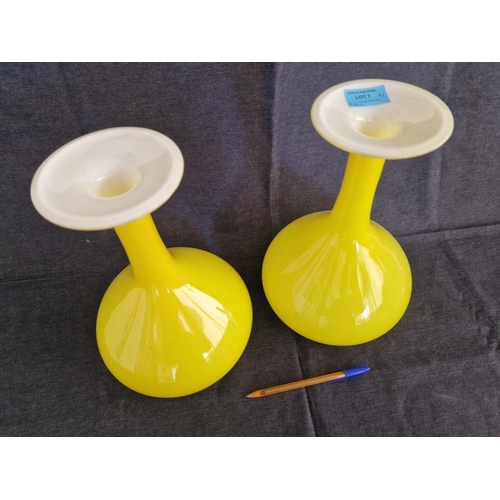 7 - Pair of 'Habitat' Bright Yellow Handmade Glass Vases with White Interior, (Approx. H: 30cm), (2)