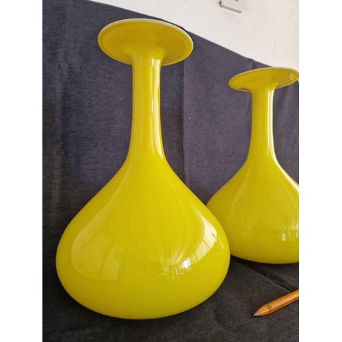 7 - Pair of 'Habitat' Bright Yellow Handmade Glass Vases with White Interior, (Approx. H: 30cm), (2)