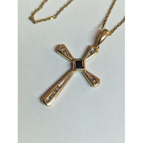 131 - Decorative 9ct Gold Cross Pendant with Sapphire and Diamond Chips, on 9ct Gold Necklace, (Approx. 2.... 