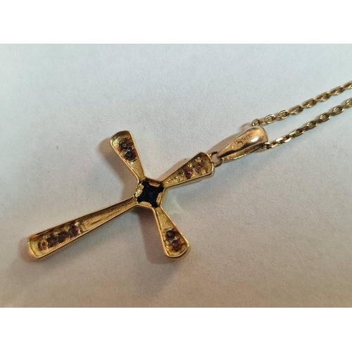 131 - Decorative 9ct Gold Cross Pendant with Sapphire and Diamond Chips, on 9ct Gold Necklace, (Approx. 2.... 