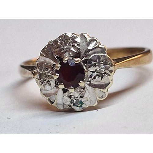 132 - 9ct Gold Ruby & Diamond Ring; Round Cut Ruby with 4 x Inclusion Set Diamonds in White Gold, with Yel... 