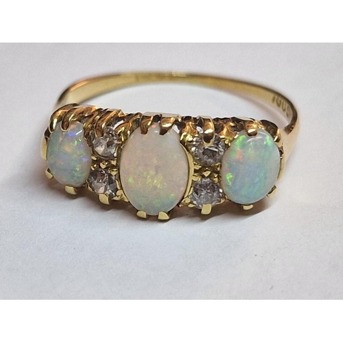 137 - Vintage 18ct Gold, Opal and Diamond Ring; 3 x Opals with 2 x Pairs of Diamonds as Spacers, (Approx. ... 