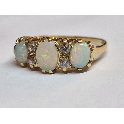 137 - Vintage 18ct Gold, Opal and Diamond Ring; 3 x Opals with 2 x Pairs of Diamonds as Spacers, (Approx. ... 