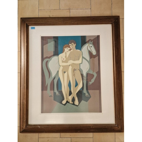 109 - Framed & Signed Limited Edition Print (29/100) of Abstract Nude Couple with Horse, by Cypriot Artist... 