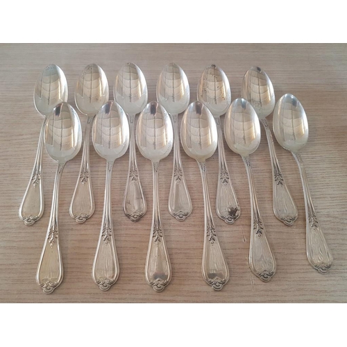 100 - Set of 12 x Sterling Silver (925) Table Spoons with Leaf Pattern Handle, (Approx. 920g), (12)