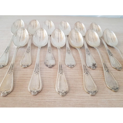 100 - Set of 12 x Sterling Silver (925) Table Spoons with Leaf Pattern Handle, (Approx. 920g), (12)