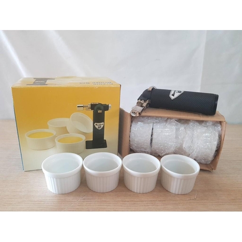 83 - Creme Brulé Set; Butane Gas Torch and 2 x Sets of 4 Ceramic Dishes, (9)