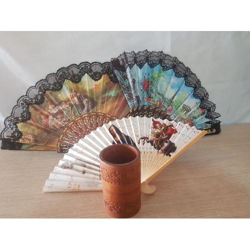 85 - Collection of Various Fans in Carved Wooden Holder, (4)