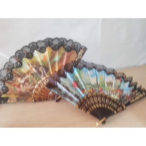 85 - Collection of Various Fans in Carved Wooden Holder, (4)