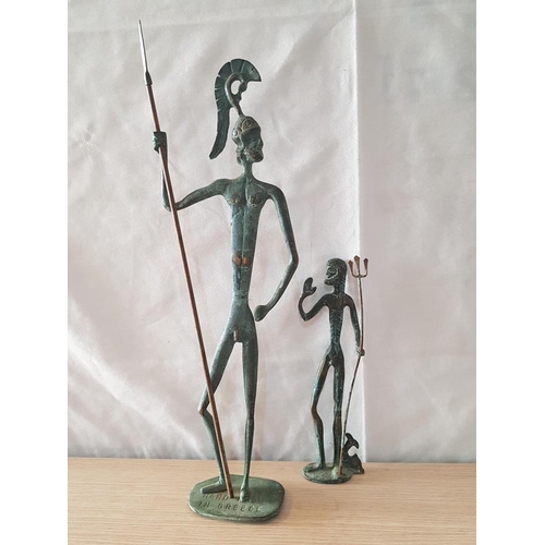 88 - 2 x Hand Made Metal Greek Warrior Sculptures in Ancient Style, (Approx. H: 25 and 47cm), (2)