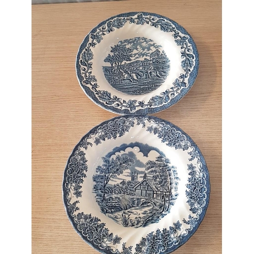 89 - 2 x Blue & White Vintage Soup Plates (Approx. Ø: 22.5cm); 'Churchill' and 'Royal Wessex', (a/f), (2)