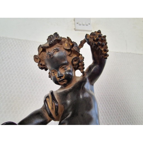 138 - 'Imperio' (Italy) Figural Mantel Clock; Black Slate Effect with Bronze Effect Child / Cherub on Pill... 