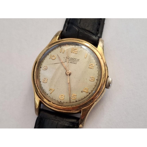 176 - Vintage Minerva Gent's Wrist Watch, Swiss Made, Gold Plated with Stainless Steel Back on Leather Str... 