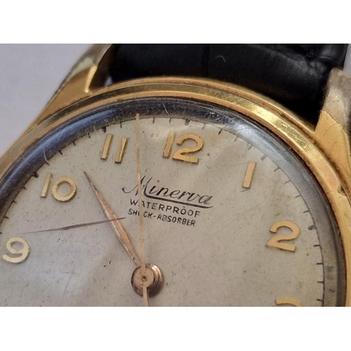 176 - Vintage Minerva Gent's Wrist Watch, Swiss Made, Gold Plated with Stainless Steel Back on Leather Str... 