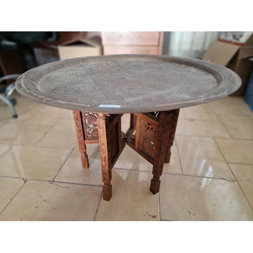 25C - Vintage Brass Egyptian Tray (Approx. Ø: 60cm) with Folding Carved Wood Leg / Support Base