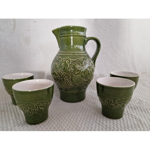 90 - Vintage German Jug and 4 x Cups / Beakers, Green Glazed Pottery with Leaf Decoration, 'GDR 240-23, G... 