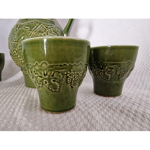 90 - Vintage German Jug and 4 x Cups / Beakers, Green Glazed Pottery with Leaf Decoration, 'GDR 240-23, G... 