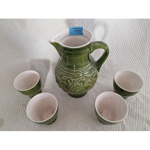 90 - Vintage German Jug and 4 x Cups / Beakers, Green Glazed Pottery with Leaf Decoration, 'GDR 240-23, G... 