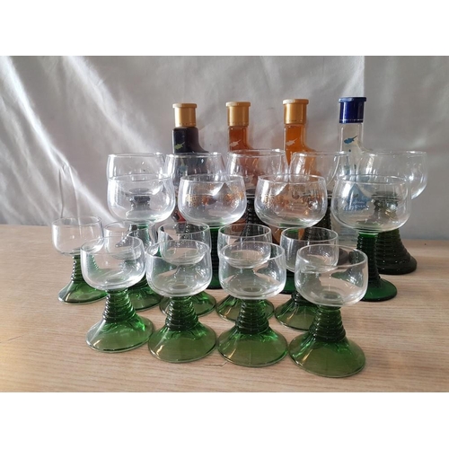 207 - Vintage Green Beehive Stemmed Cordial Aperitif Glasses (5 x Wine, 4 x Sherry) and 9 x Shot / Schnapp... 