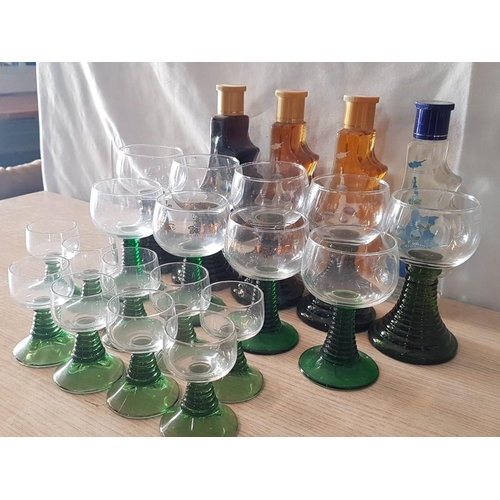 207 - Vintage Green Beehive Stemmed Cordial Aperitif Glasses (5 x Wine, 4 x Sherry) and 9 x Shot / Schnapp... 