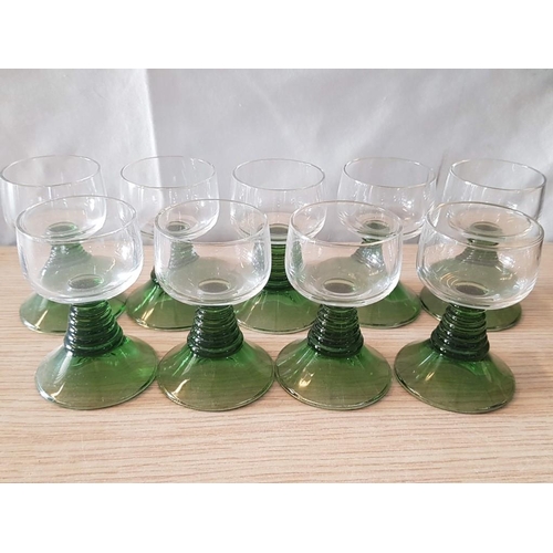 207 - Vintage Green Beehive Stemmed Cordial Aperitif Glasses (5 x Wine, 4 x Sherry) and 9 x Shot / Schnapp... 