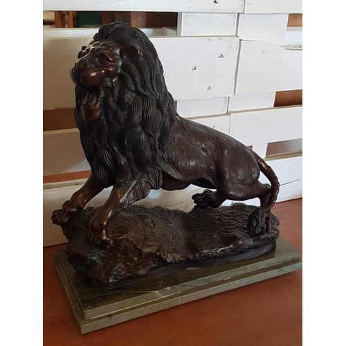 144 - Striking Bronzed Cast Metal Statue of Lion, Over Stepped Marble Base, (Approx. 50 x 24 x 51cm Overal... 