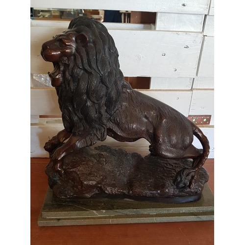 144 - Striking Bronzed Cast Metal Statue of Lion, Over Stepped Marble Base, (Approx. 50 x 24 x 51cm Overal... 