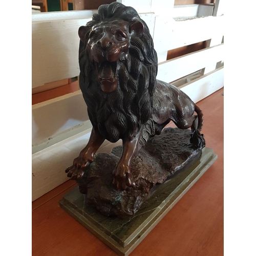 144 - Striking Bronzed Cast Metal Statue of Lion, Over Stepped Marble Base, (Approx. 50 x 24 x 51cm Overal... 