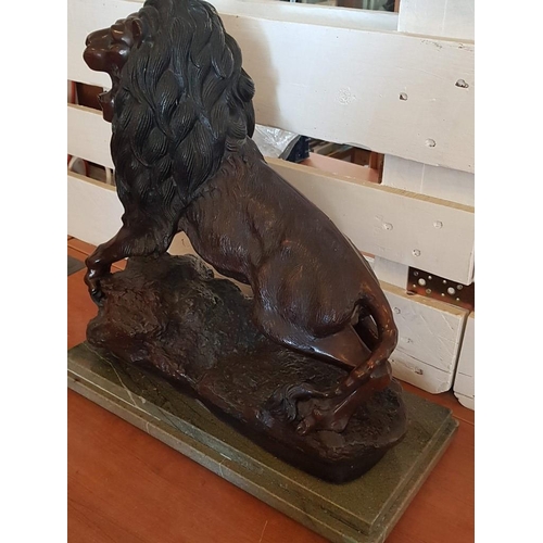 144 - Striking Bronzed Cast Metal Statue of Lion, Over Stepped Marble Base, (Approx. 50 x 24 x 51cm Overal... 