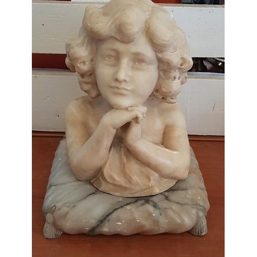 145 - Alabaster Bust of Young Girl on 'Cushion' Base, (Approx. 27 x 27 x 33cm overall)