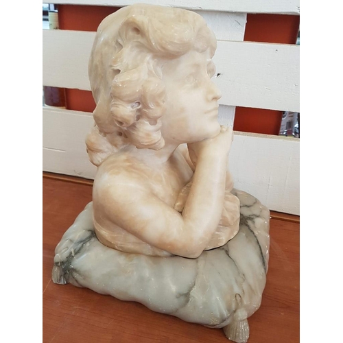 145 - Alabaster Bust of Young Girl on 'Cushion' Base, (Approx. 27 x 27 x 33cm overall)