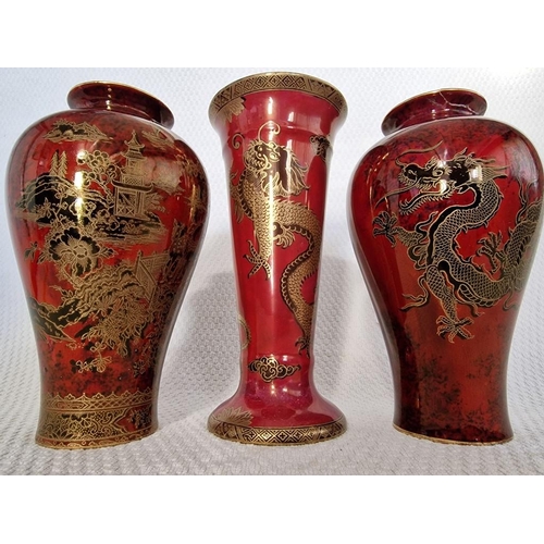 127 - 2 x Oriental Style Vases with Dragon and Temple Decoration, by 'Wilton Ware' Stoke on Trent, England... 