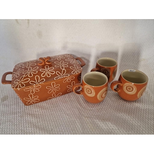 140 - Glazed Casserole Dish, Lidded and Twin Handles, Brown Colour with Cream Flowers, Together with Set o... 