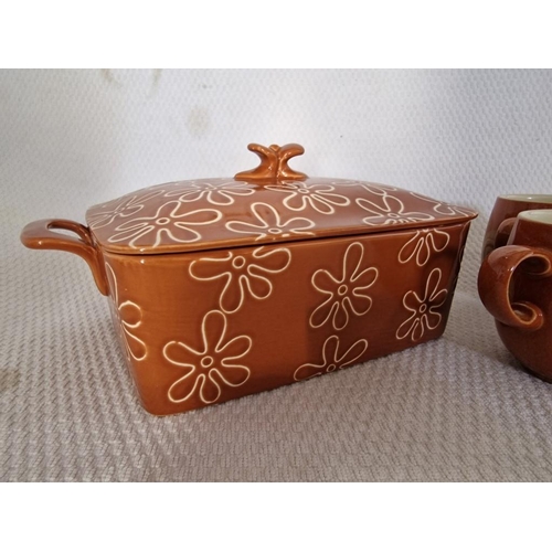 140 - Glazed Casserole Dish, Lidded and Twin Handles, Brown Colour with Cream Flowers, Together with Set o... 