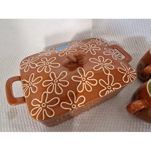 140 - Glazed Casserole Dish, Lidded and Twin Handles, Brown Colour with Cream Flowers, Together with Set o... 