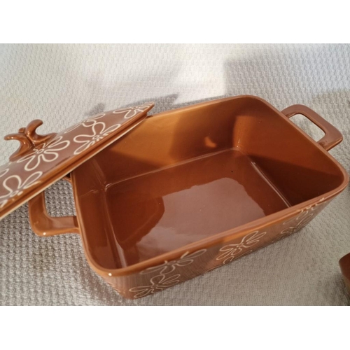 140 - Glazed Casserole Dish, Lidded and Twin Handles, Brown Colour with Cream Flowers, Together with Set o... 