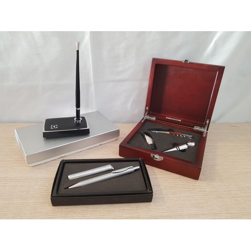 123 - Gift Sets; Wine Accessories in Wooden Box, Metal / Chrome Ballpoint Pen with Lighter and Table / Des... 