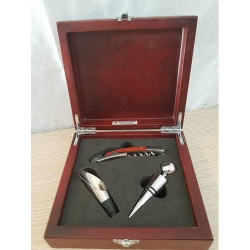 123 - Gift Sets; Wine Accessories in Wooden Box, Metal / Chrome Ballpoint Pen with Lighter and Table / Des... 