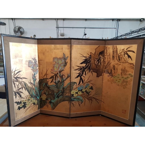 203 - Old Chinese Four-Fold Screen with Floral Motif, (Approx. 38 x 90cm each section)