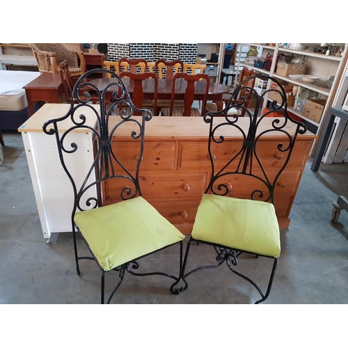 208 - Pair of Art Nouveau Style Wrought Iron Chairs with Decorative Backrest and Light Green Upholstery, (... 