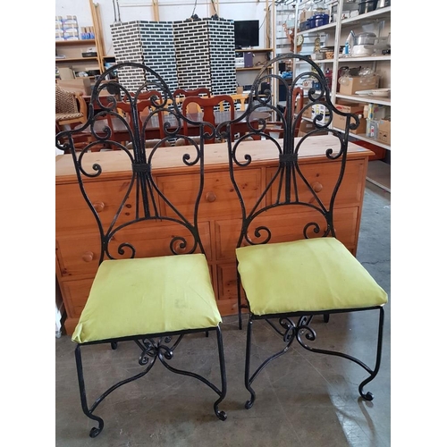 208 - Pair of Art Nouveau Style Wrought Iron Chairs with Decorative Backrest and Light Green Upholstery, (... 