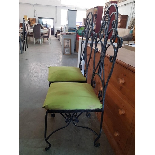 208 - Pair of Art Nouveau Style Wrought Iron Chairs with Decorative Backrest and Light Green Upholstery, (... 