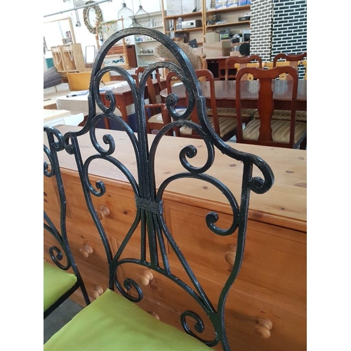 208 - Pair of Art Nouveau Style Wrought Iron Chairs with Decorative Backrest and Light Green Upholstery, (... 